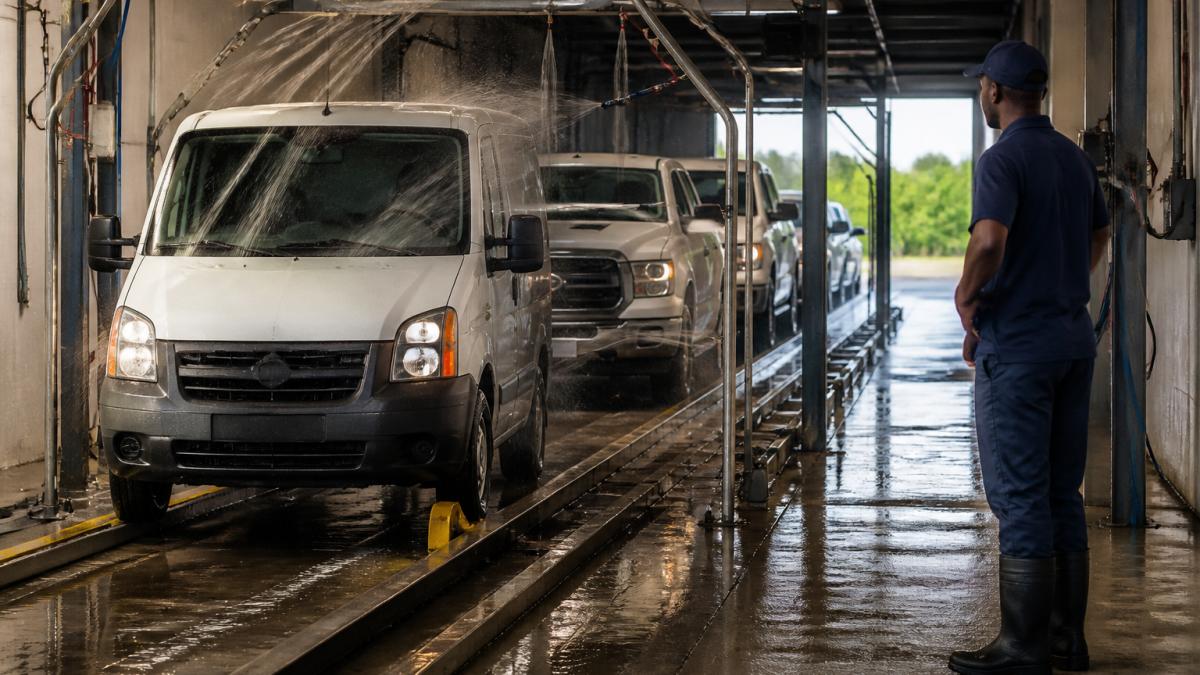 A row of white commercial vans and pickup trucks moving through an express tunnel car wash, with a uniformed attendant checking the line and water spraying across the windshields