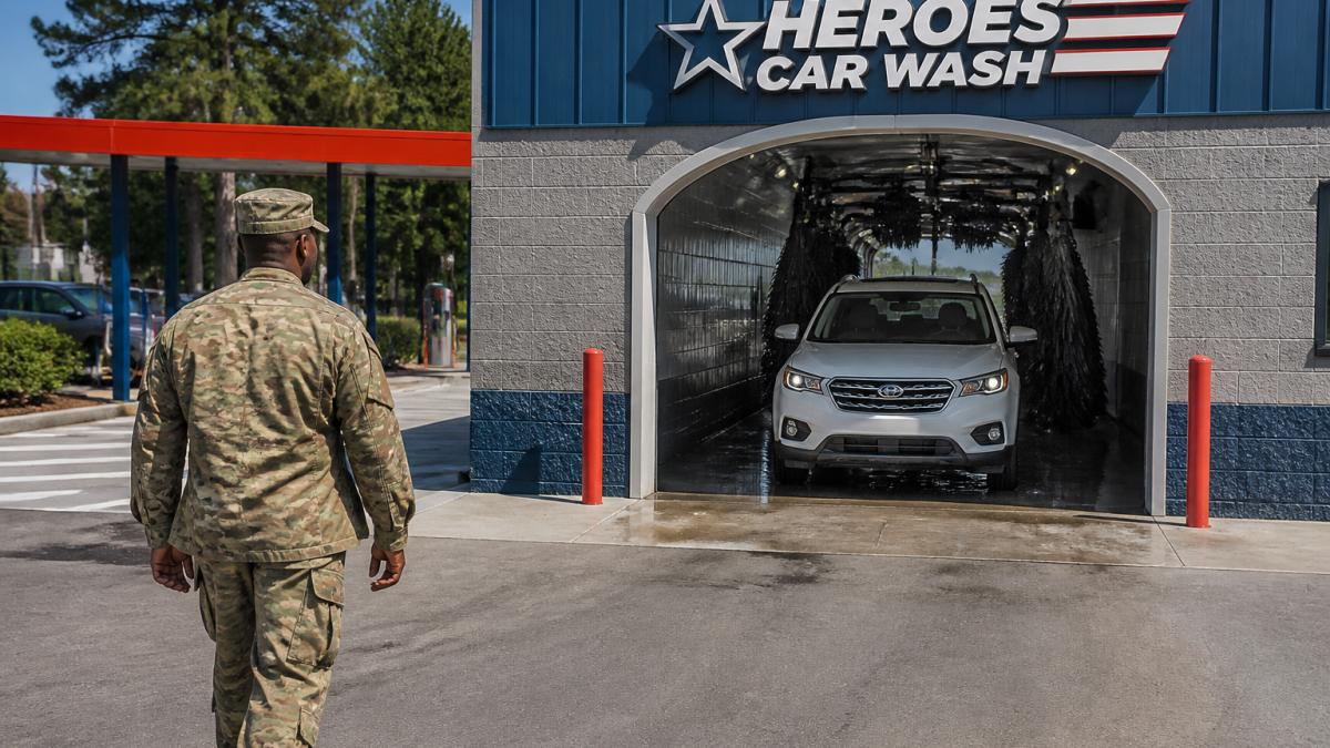 Military service member in uniform walking toward a freshly washed vehicle exiting the express tunnel at Heroes Car Wash, with facility signage visible and natural daylight illuminating the clean exterior