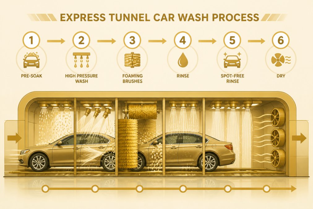 Vehicle moving through an express tunnel car wash with water jets and brushes in action, showing the speed and efficiency of the wash process