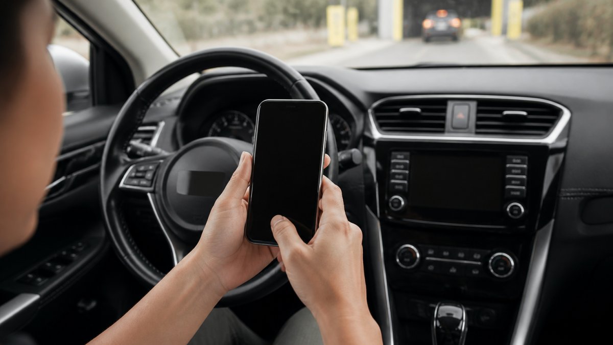 Person using a smartphone to sign up for a monthly car wash membership inside a clean vehicle