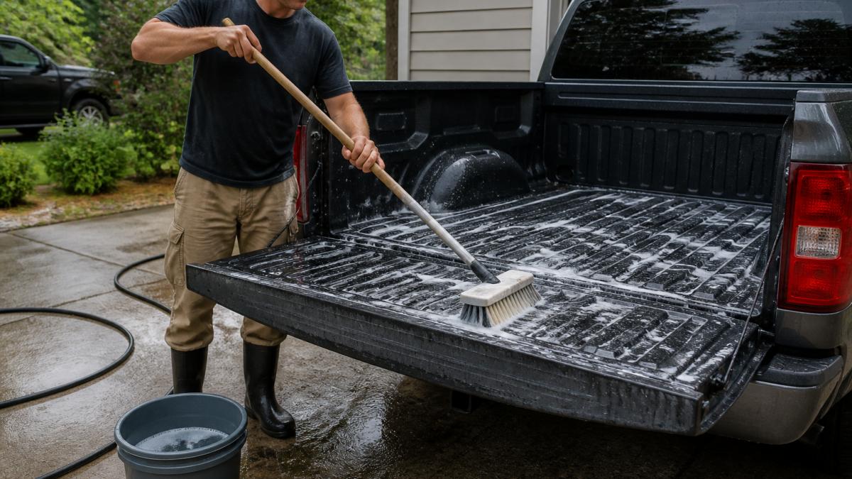 A person in work clothes using a long-handled soft push broom to scrub the bed of a pickup truck, soapy water visible on a spray-in bed liner, bucket and hose nearby in a driveway
